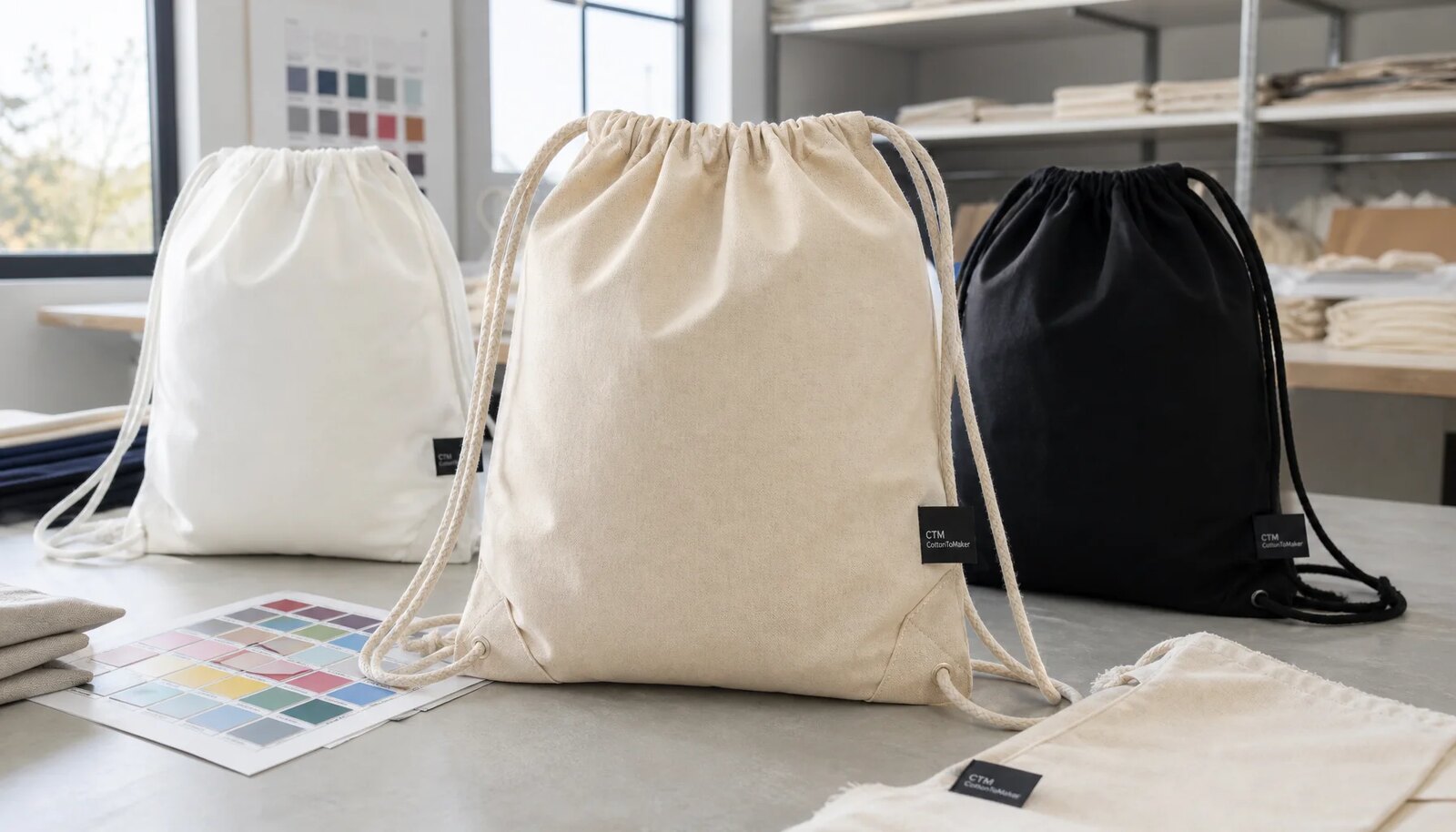 Cotton drawstring backpacks with woven side label, cotton cords, reinforced corners, and fabric swatches in a factory sample room.