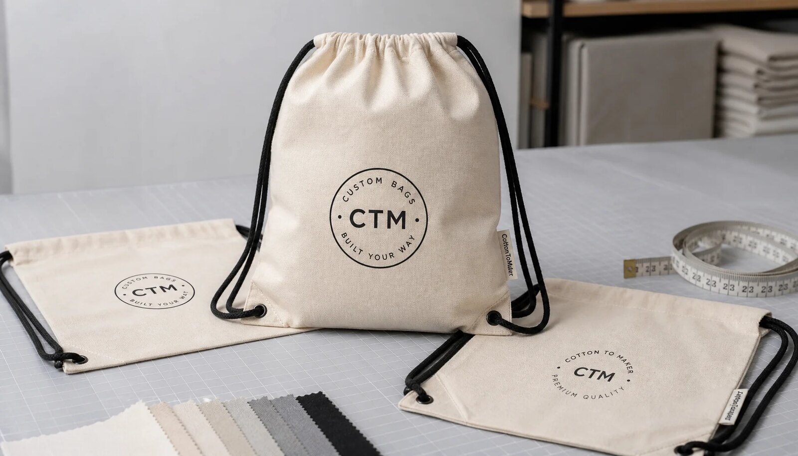Natural cotton drawstring backpacks with CTM sample logo for craft fair sourcing