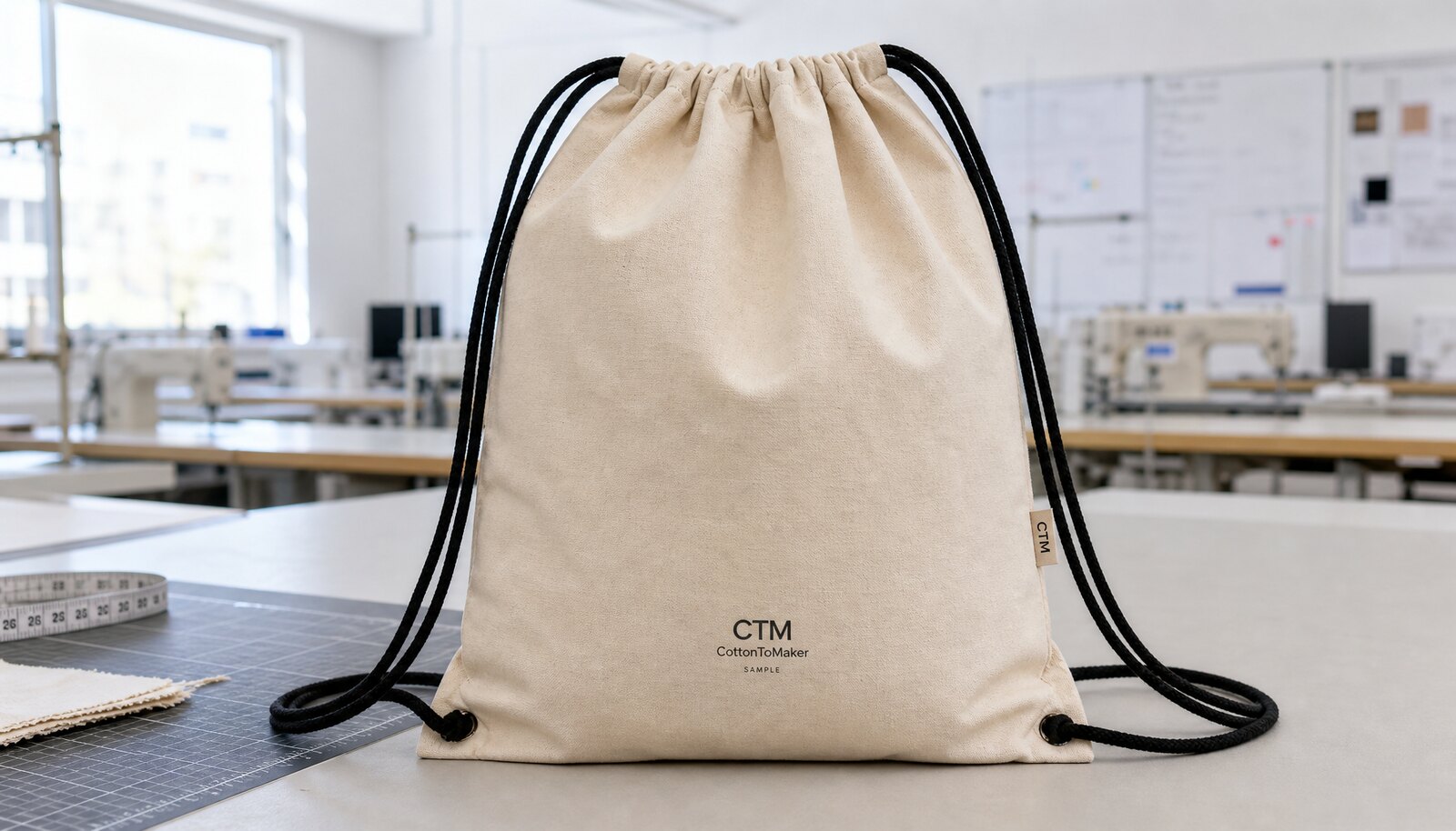Photorealistic cotton drawstring backpack sample with a simple CTM logo in a clean factory sample room.