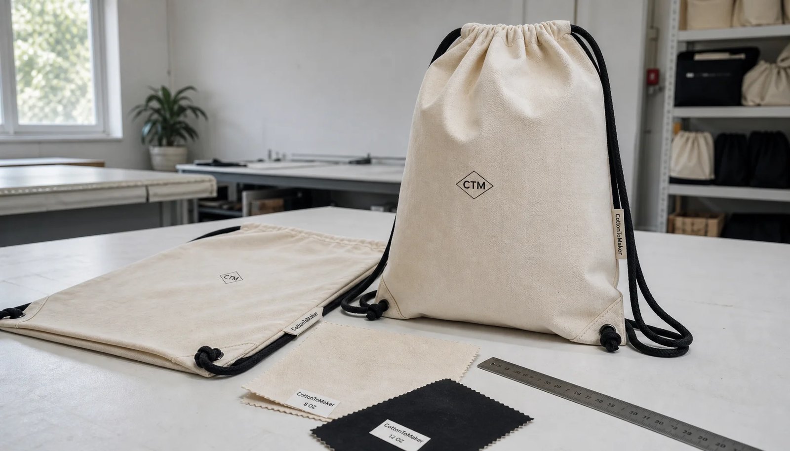 Natural cotton drawstring backpacks with CTM logo sample print in a factory sample room