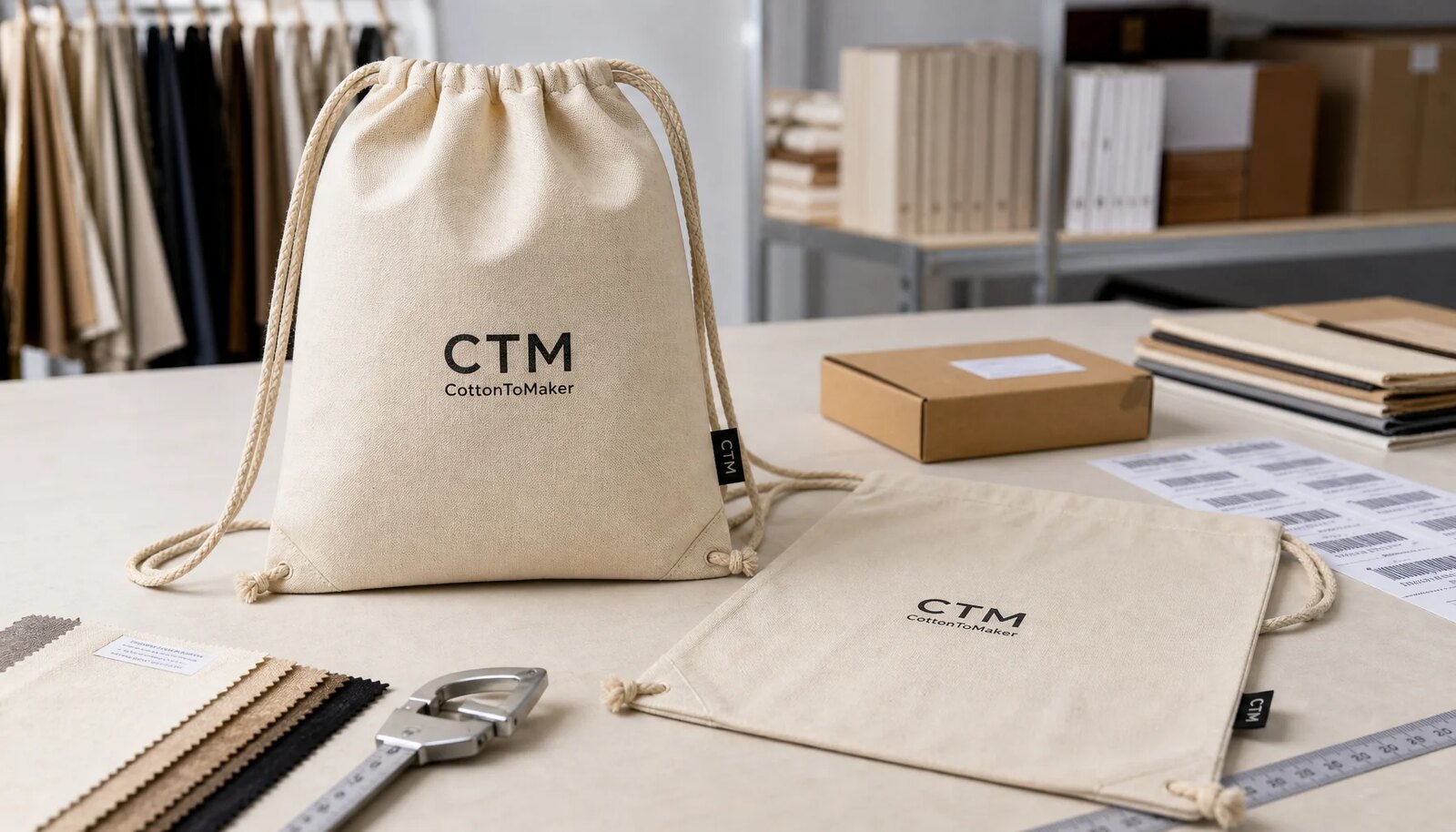 Natural cotton drawstring backpacks with CTM sample logo, reinforced corners, drawcords, barcode labels, and sourcing tools in a factory sample room
