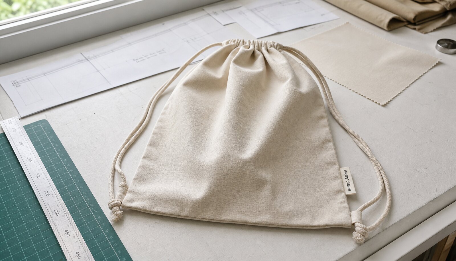 Photorealistic cotton drawstring backpack with a CTM sample logo in a factory sample room
