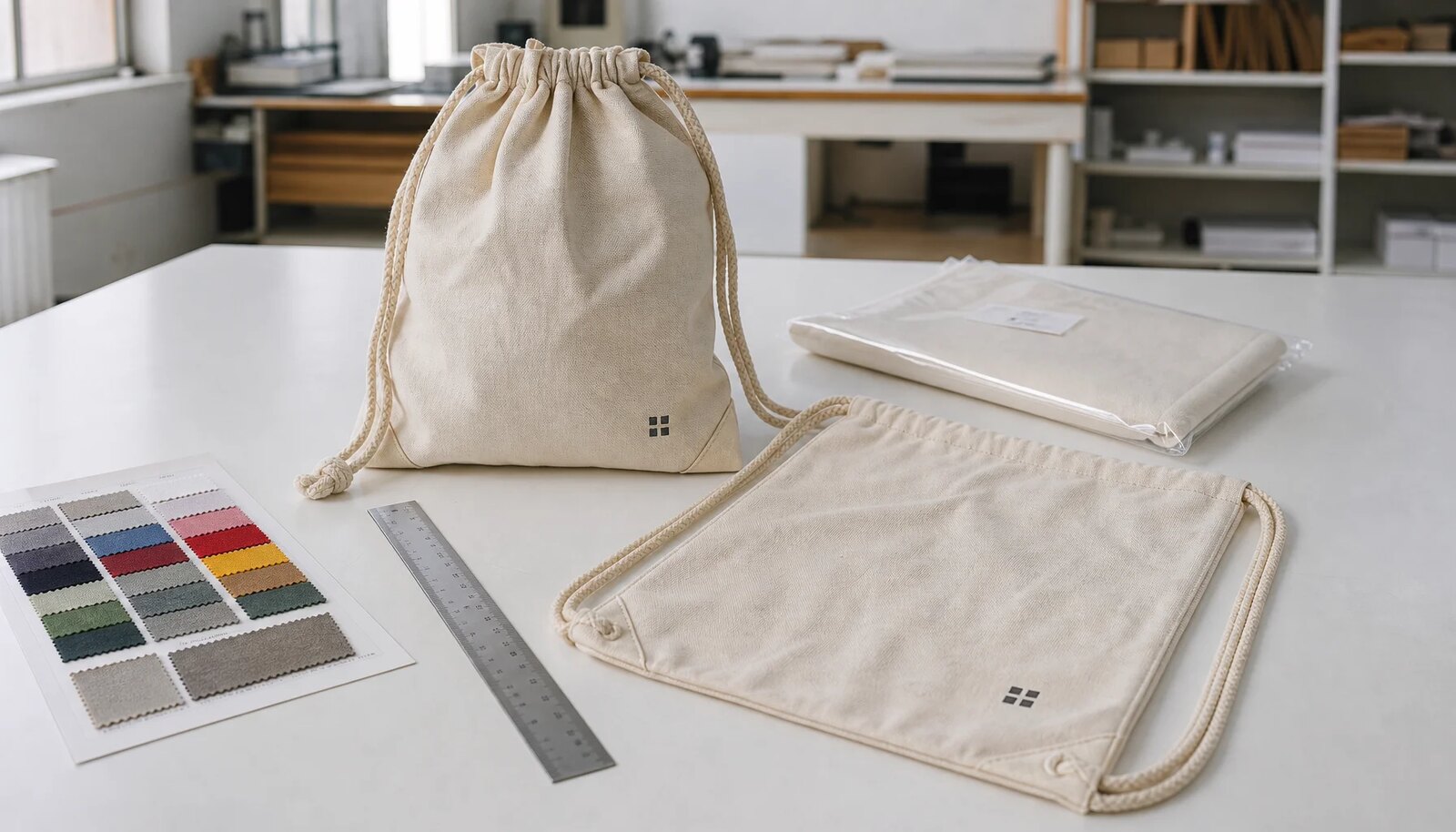 Natural cotton drawstring backpacks with CTM sample logo print in a factory sample room