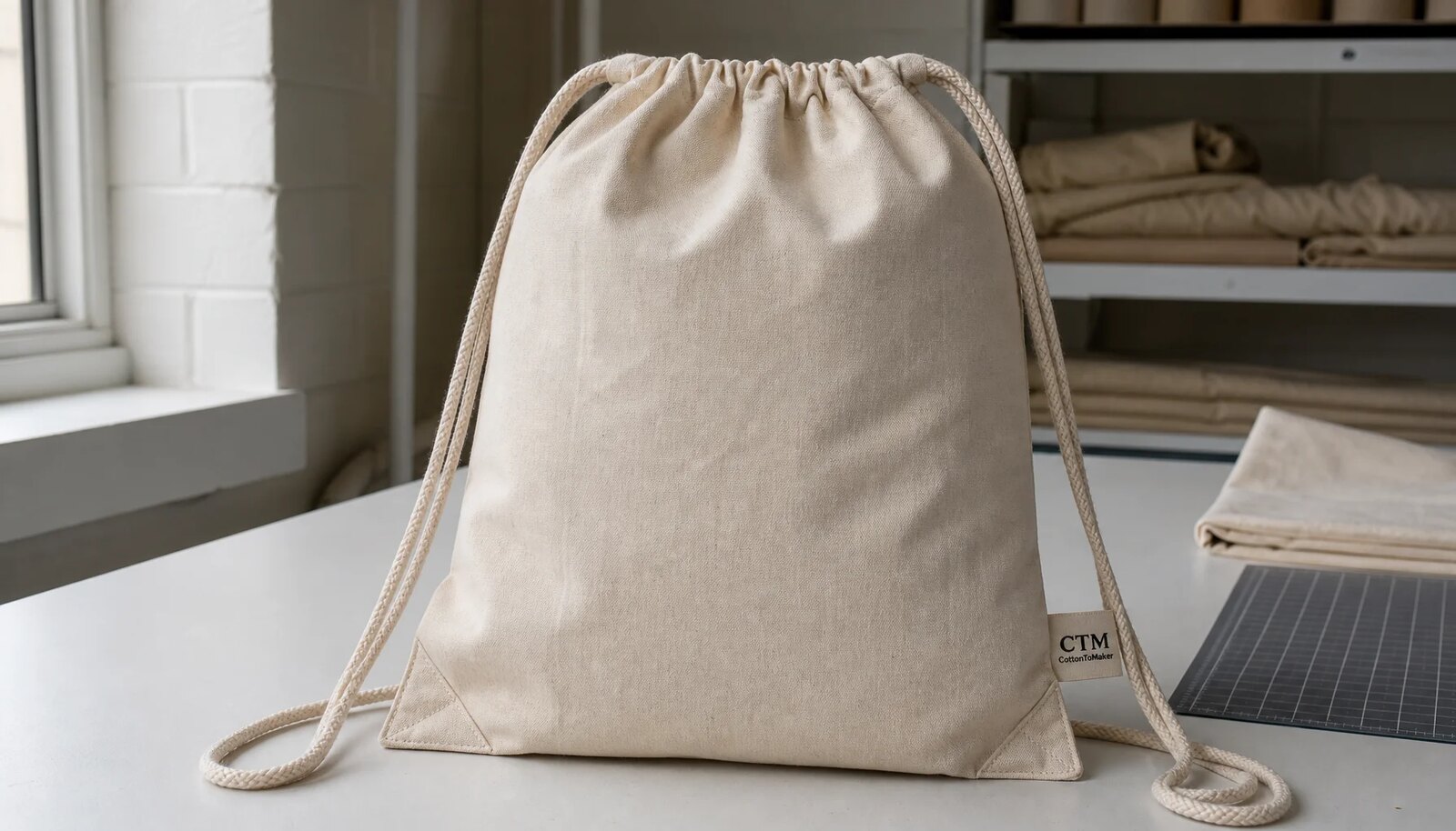 Natural cotton drawstring backpack with a small CTM side label in a factory sample room.