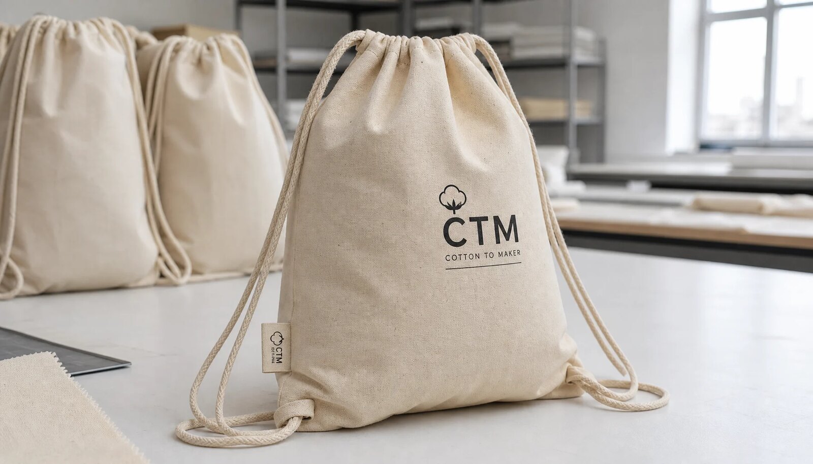 Cotton drawstring backpacks with a small CTM sample label displayed in a factory sample room.