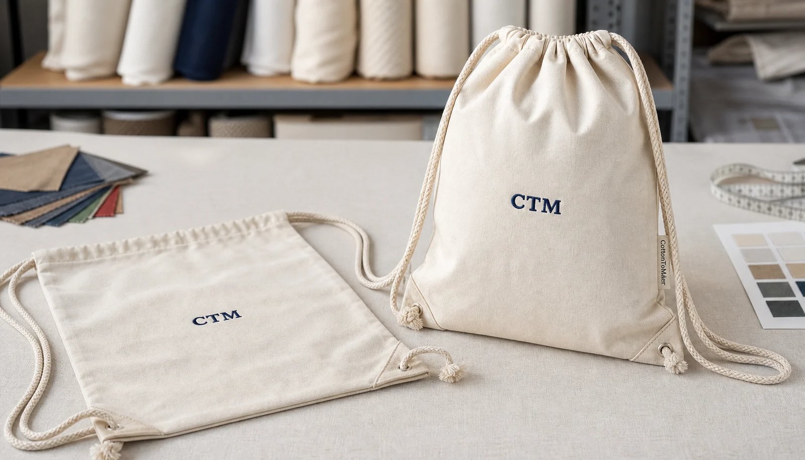 Natural cotton drawstring backpack sample with CTM logo and sewn CottonToMaker side label on a clean studio table