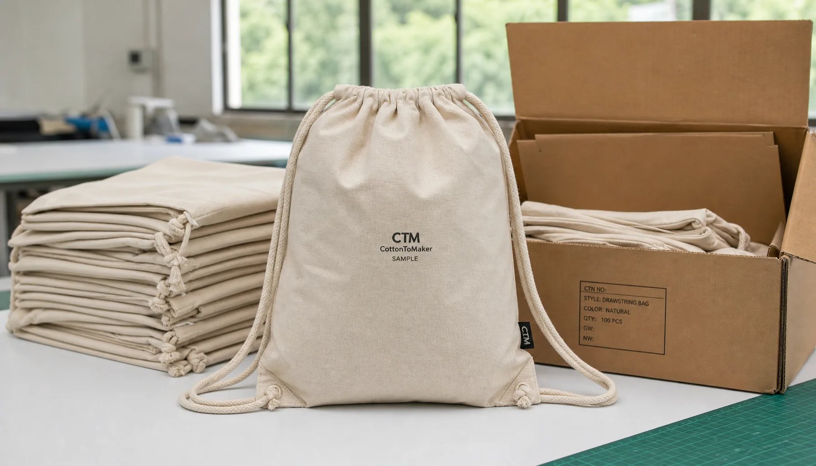 Cotton drawstring backpack sample with CTM logo packed beside an export carton for bookstore shipment planning