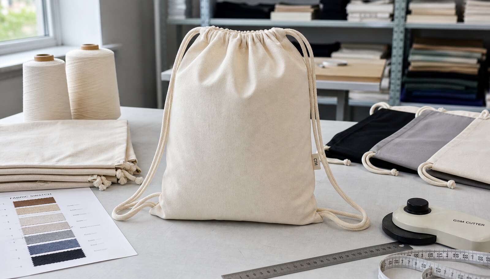 Natural cotton drawstring backpacks with a small CTM/CottonToMaker side label in a factory sample room