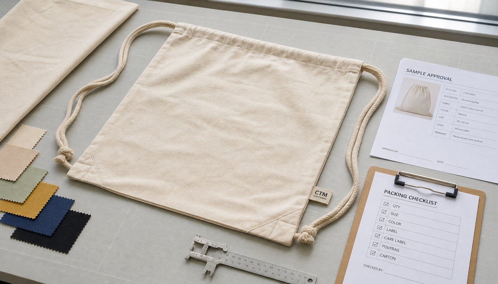 Cotton drawstring backpack with a sewn CTM sample label in a clean factory sample room