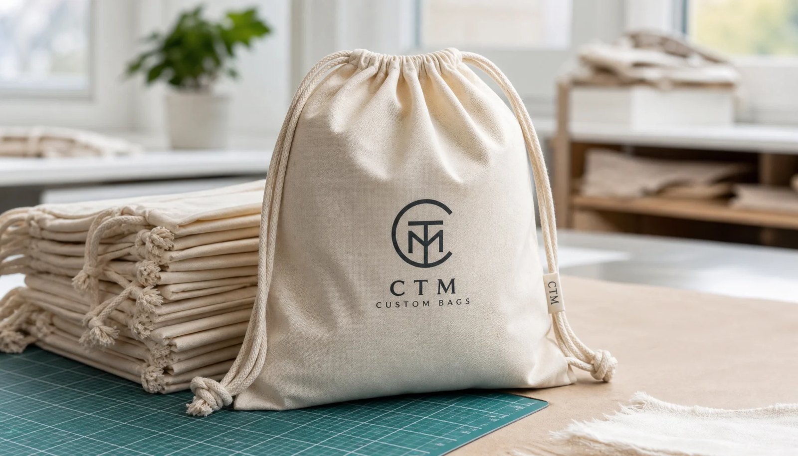 Cotton drawstring backpack sample with a simple CTM logo printed on the front in a factory sample room