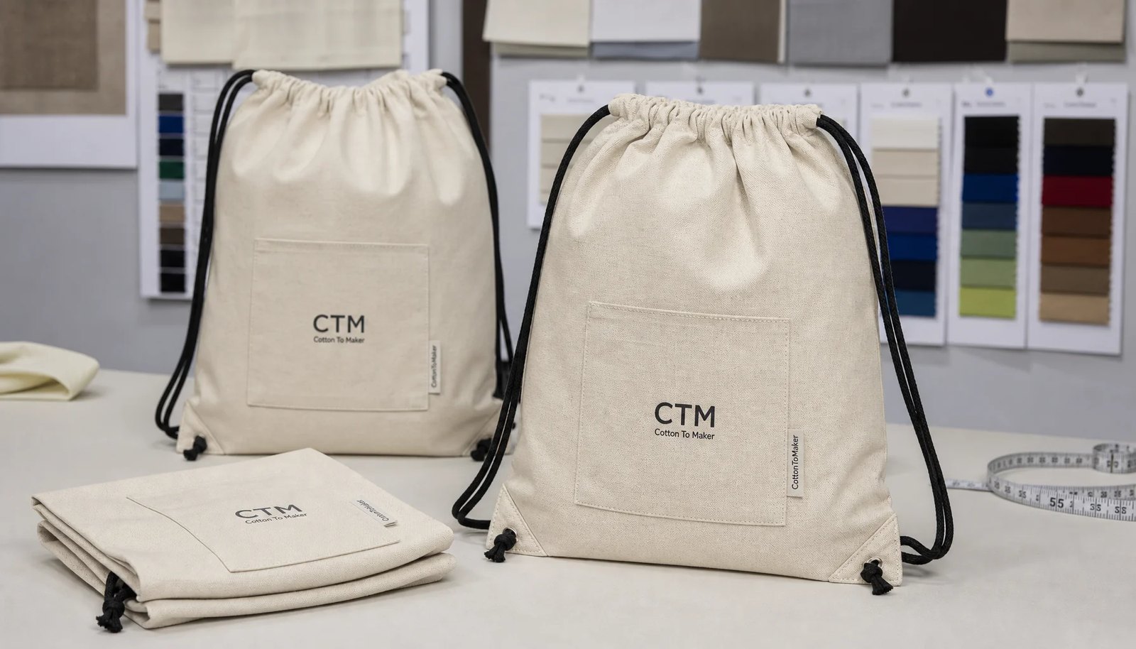 Cotton drawstring backpacks with CTM sample logo in a factory sample room for university bookstore wholesale review