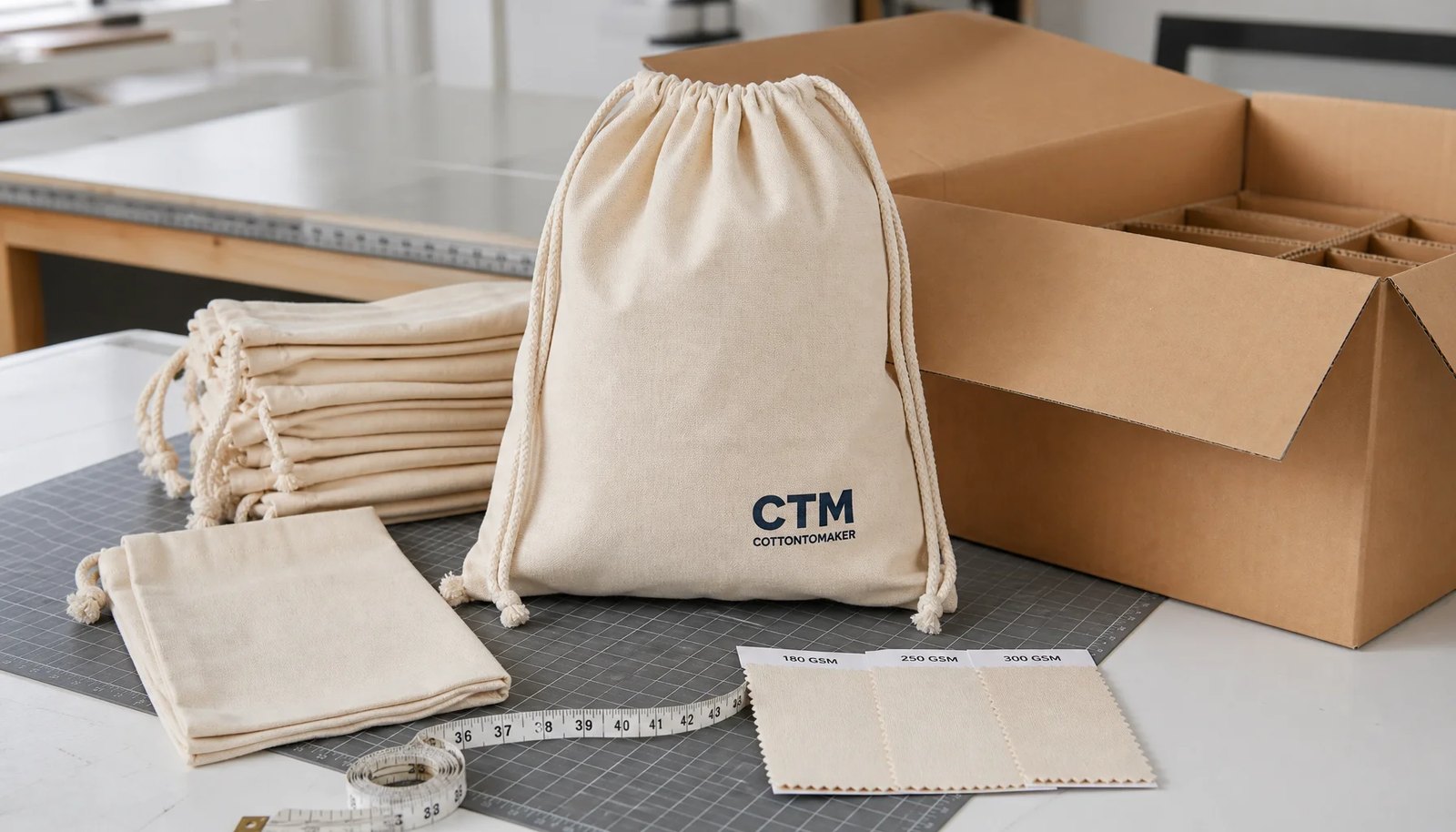 Cotton drawstring backpacks with CTM sample logo packed beside export carton for university bookstore program
