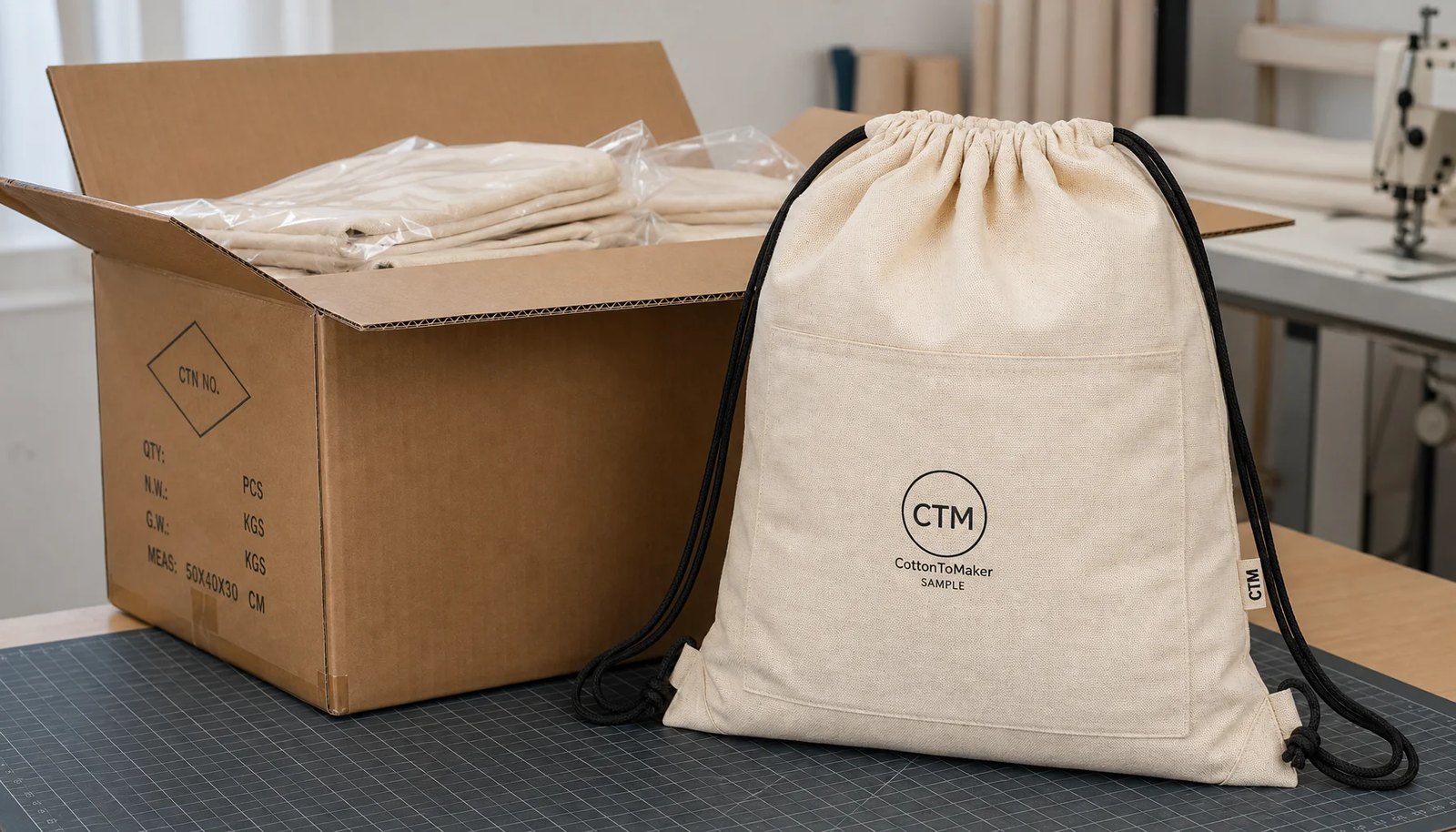 Cotton drawstring backpacks with CTM sample logo packed beside an export carton for bookstore shipment planning