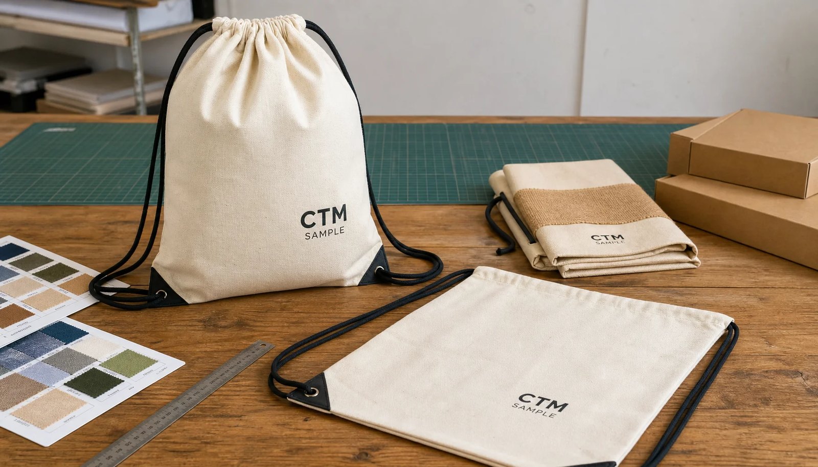 Natural cotton drawstring backpacks with CTM sample logo on a factory sample table