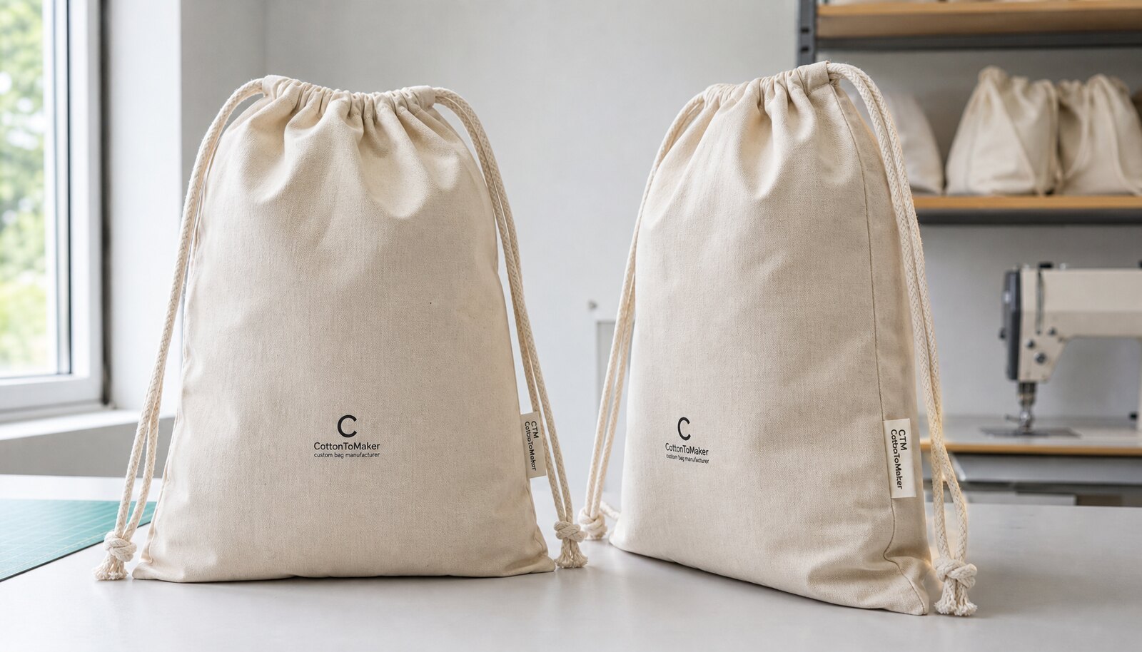 Natural cotton drawstring backpack with a CTM sample label sewn into the side seam in a factory sample room