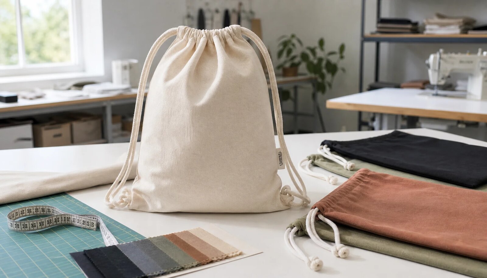 Cotton drawstring backpacks with a CTM sample logo displayed in a factory sample room