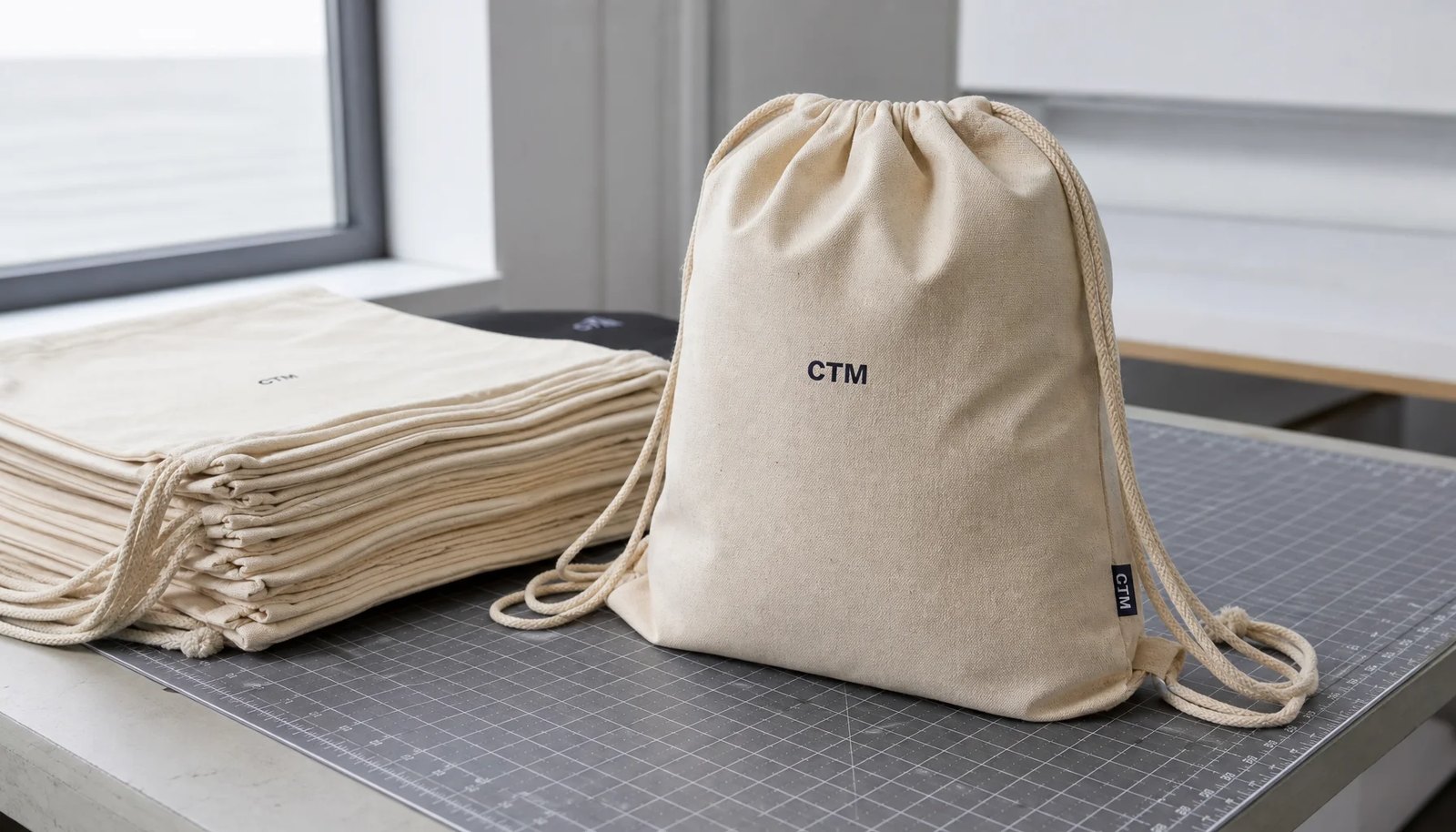 Cotton drawstring backpacks with a small CTM side label in a factory sample room.