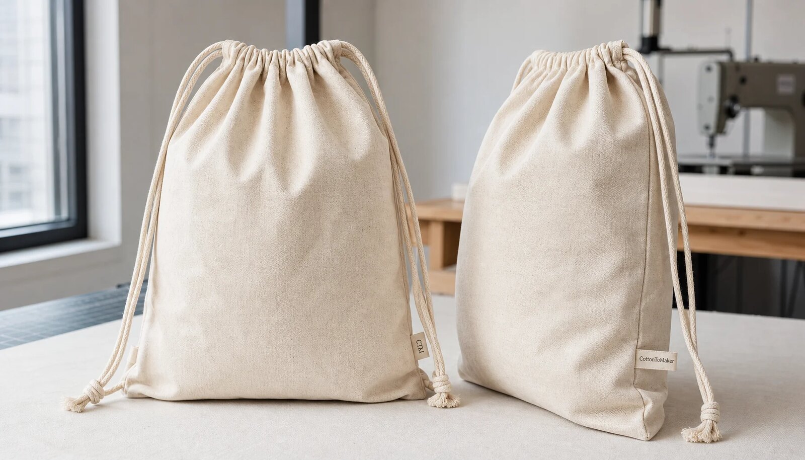 Photorealistic cotton drawstring backpacks with a simple CTM sample logo shown in a clean factory sample room.