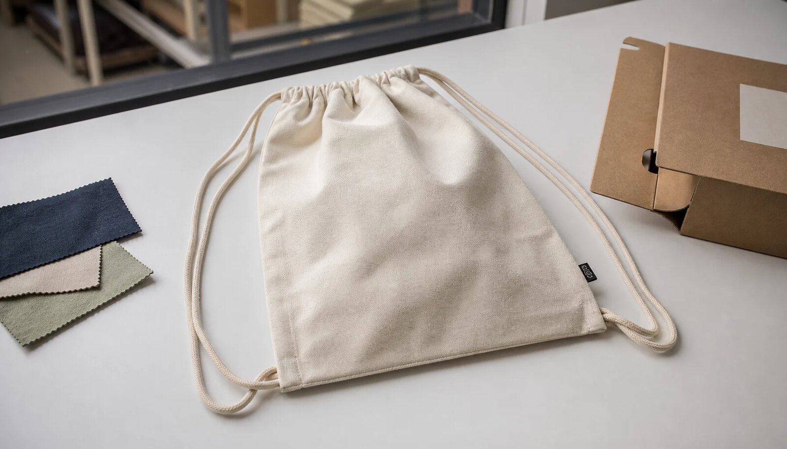 Cotton drawstring backpack with a simple CTM sample logo in a clean factory sample room