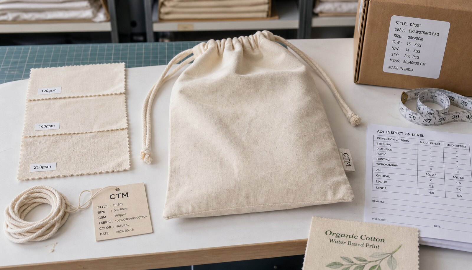Cotton drawstring bag sourcing checklist with organic cotton swatches MOQ pricing notes and QC inspection sheet