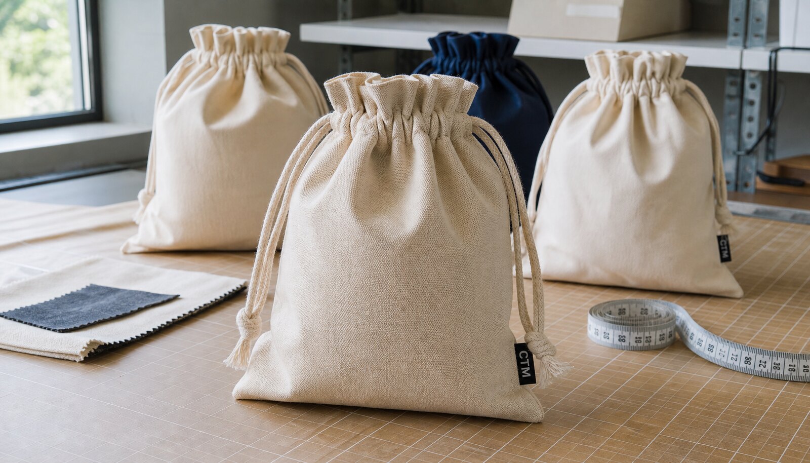 Natural cotton drawstring pouch with a sewn CTM sample label in a factory sample room.