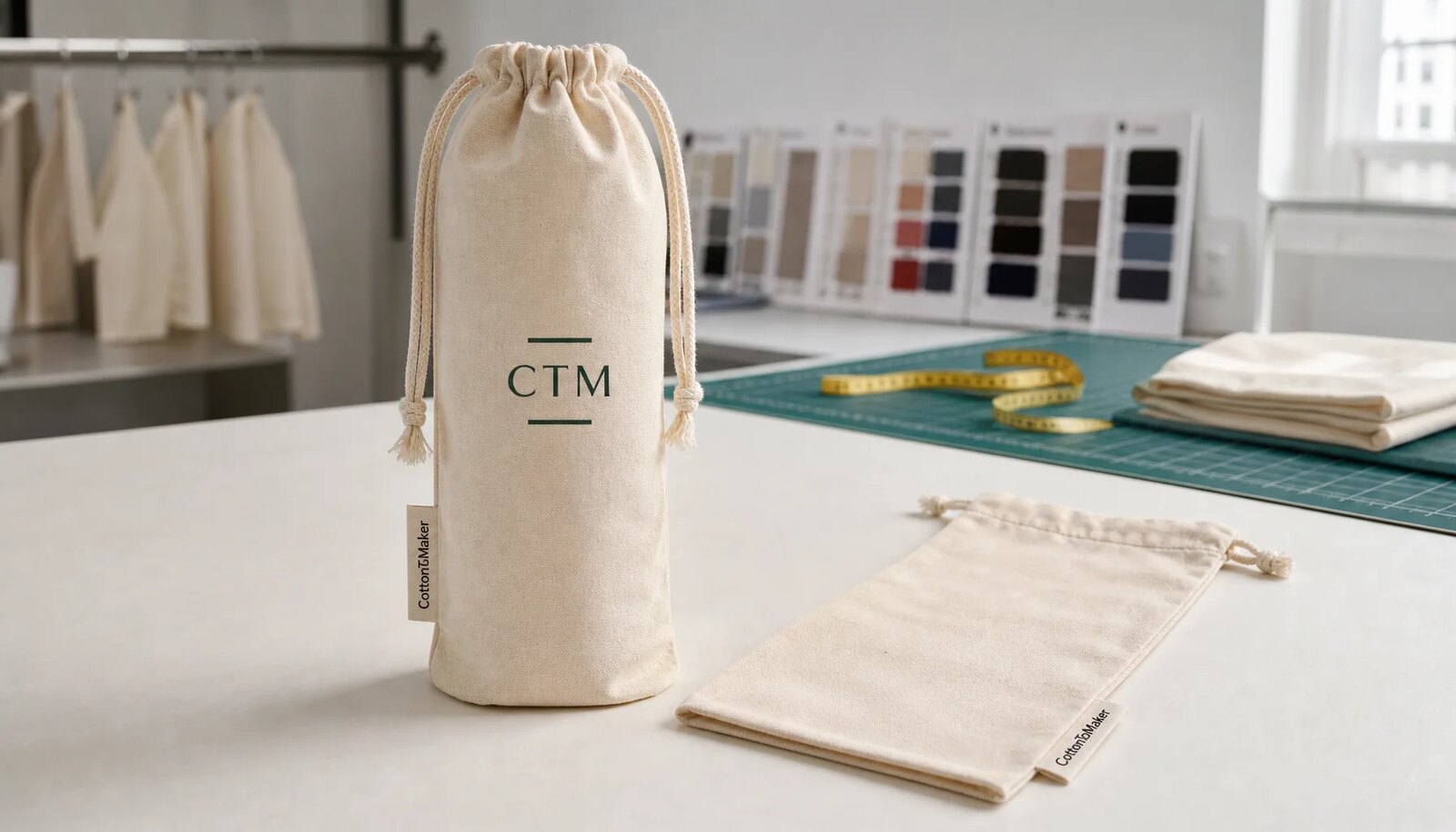 Custom cotton drawstring wine bottle pouches with CTM sample logo in a factory sample room