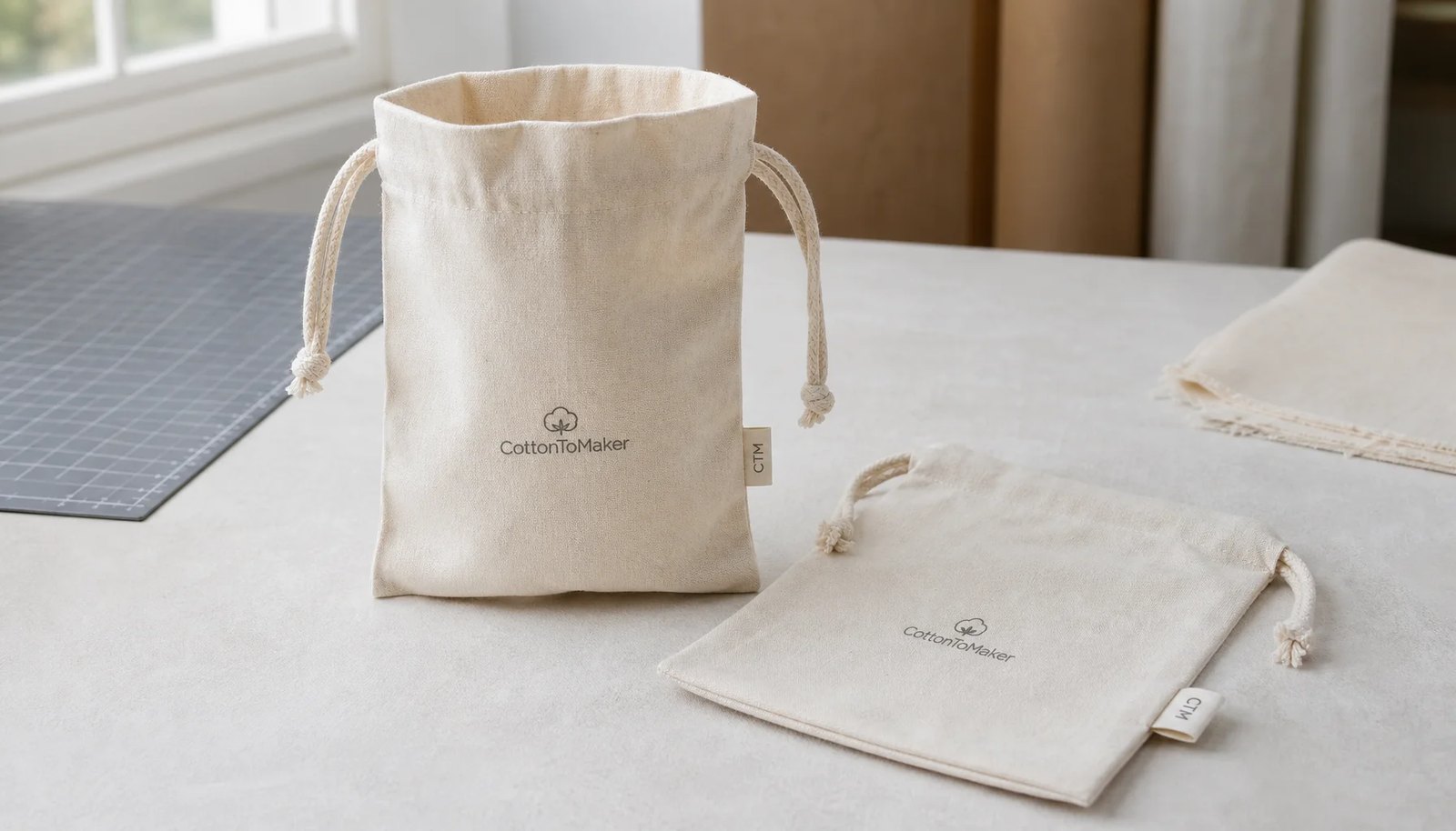Natural cotton drawstring pouches with CTM side label and CottonToMaker sample logo for university bookstore inspection