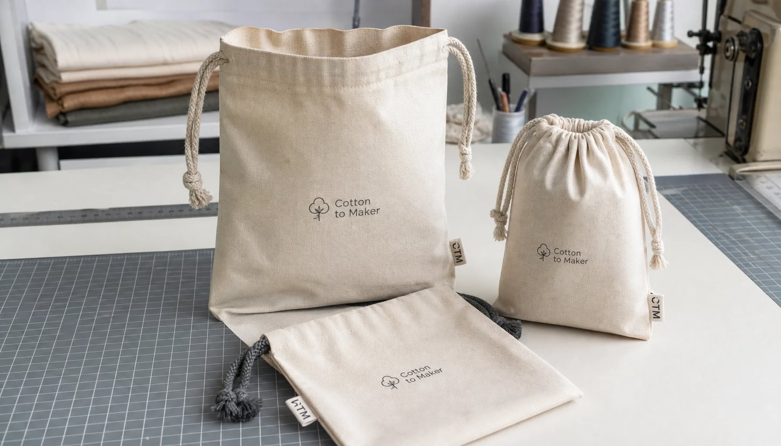 Natural cotton drawstring pouch sample with CTM label and printed CottonToMaker logo