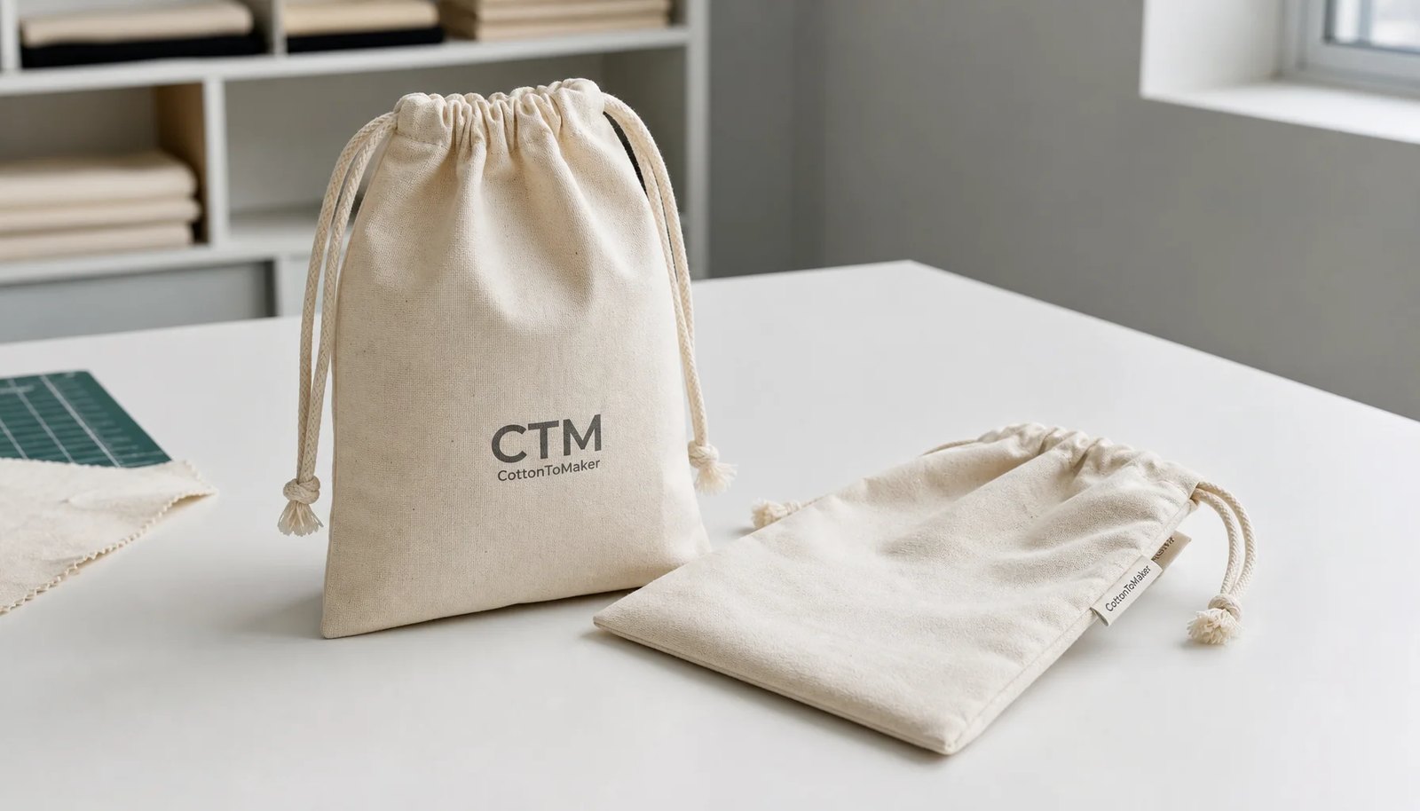 Natural cotton drawstring pouches with CTM logo print and sewn side label for university bookstore sourcing review