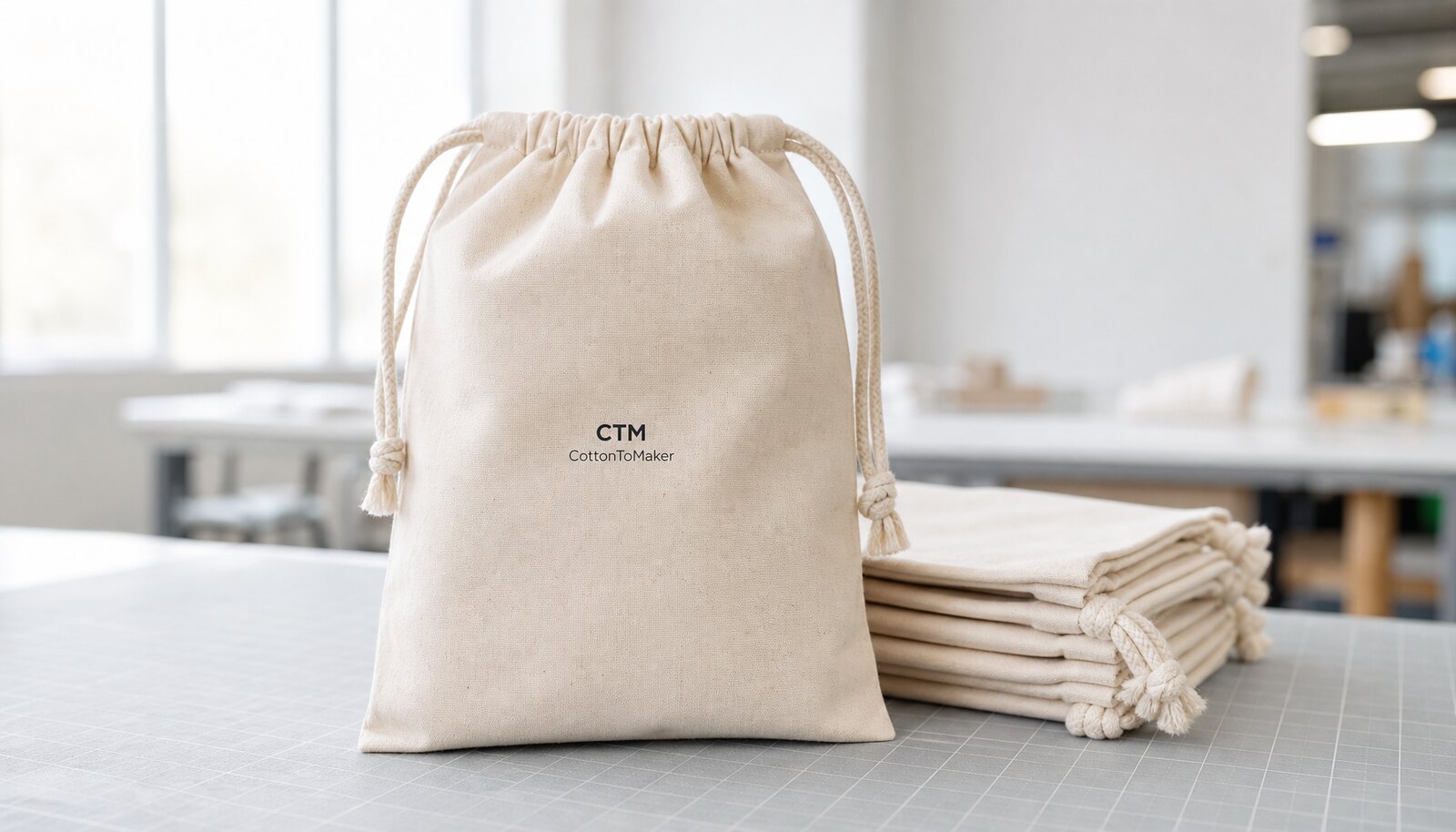 Cotton drawstring pouches with a simple CTM logo printed on the front, photographed in a clean factory sample room.