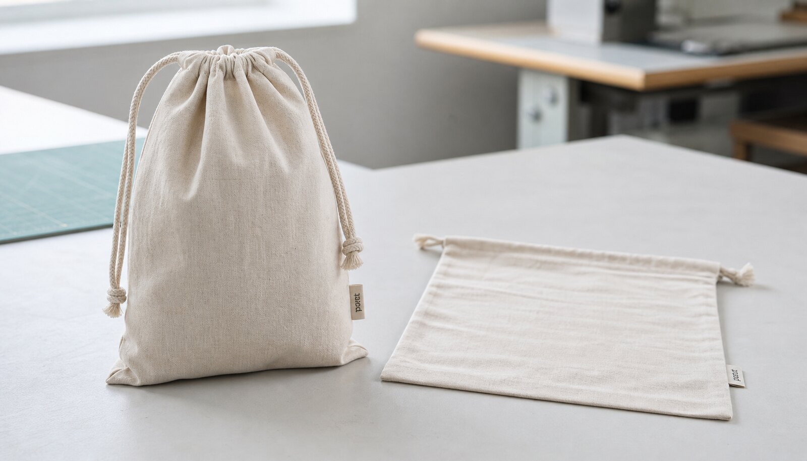Cotton drawstring pouch with a small CTM woven side label in a factory sample room
