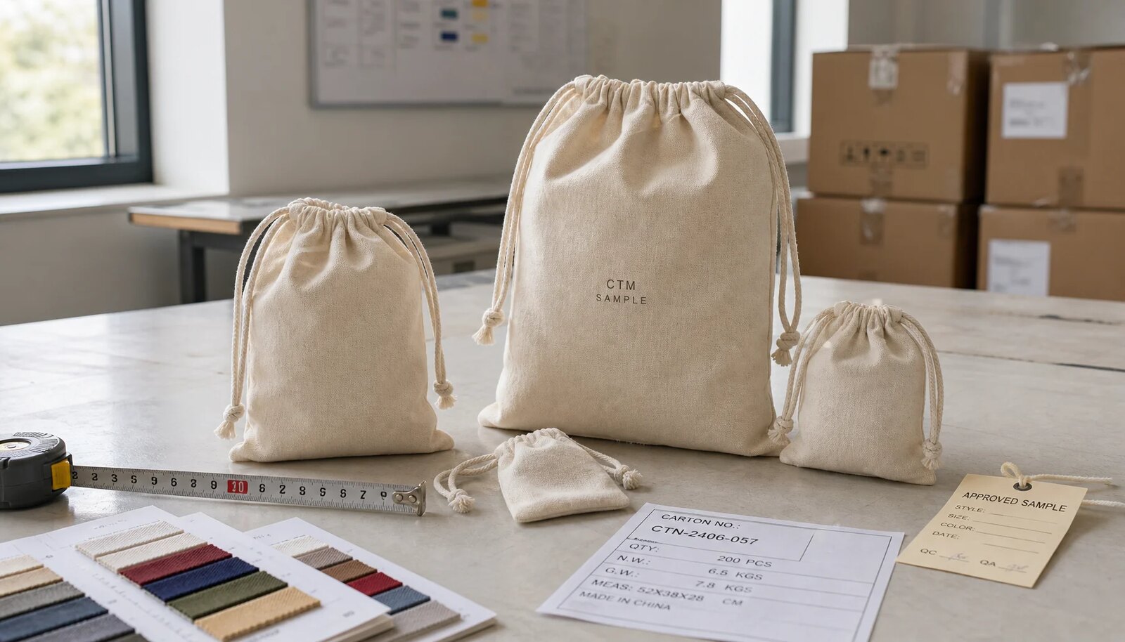 Natural cotton drawstring pouches with fabric swatches and carton label in a factory sample room
