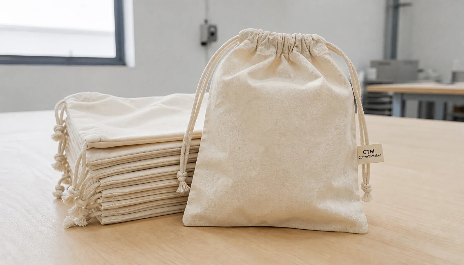 Natural cotton drawstring pouches with a small CTM CottonToMaker woven label in a factory sample room