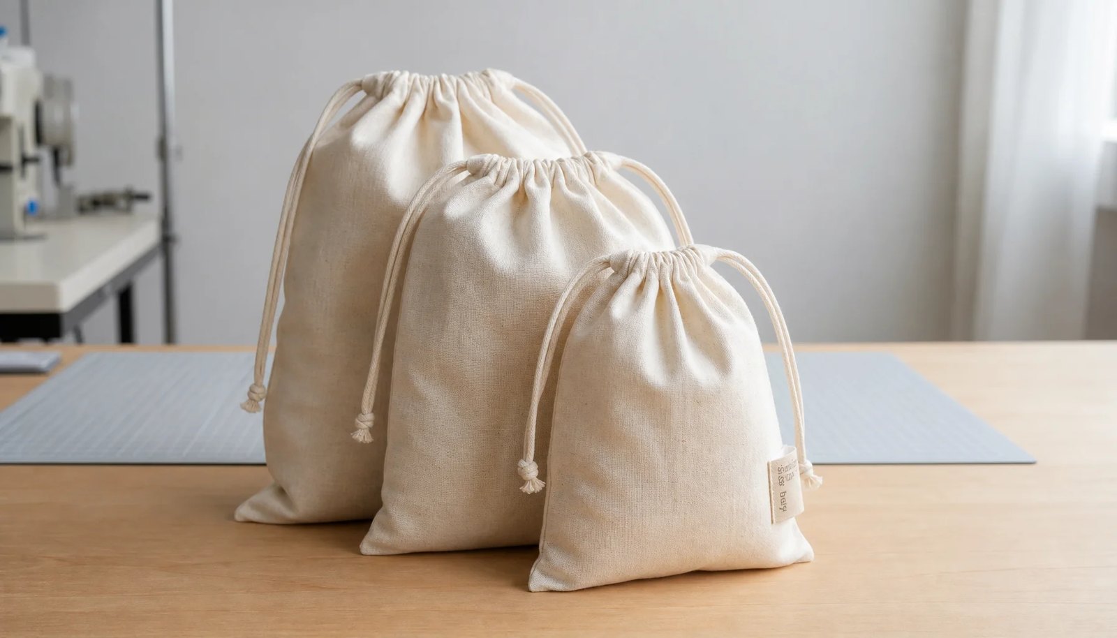 Natural cotton drawstring pouches with a visible CTM sample label in a clean factory sample room