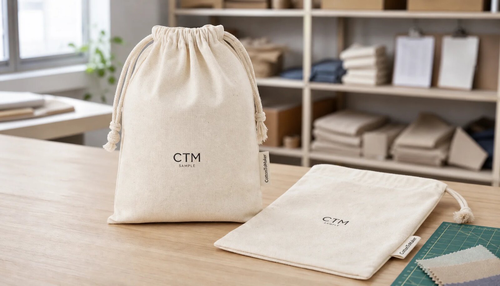 Natural cotton drawstring pouches with CTM sample logo and woven CottonToMaker side label