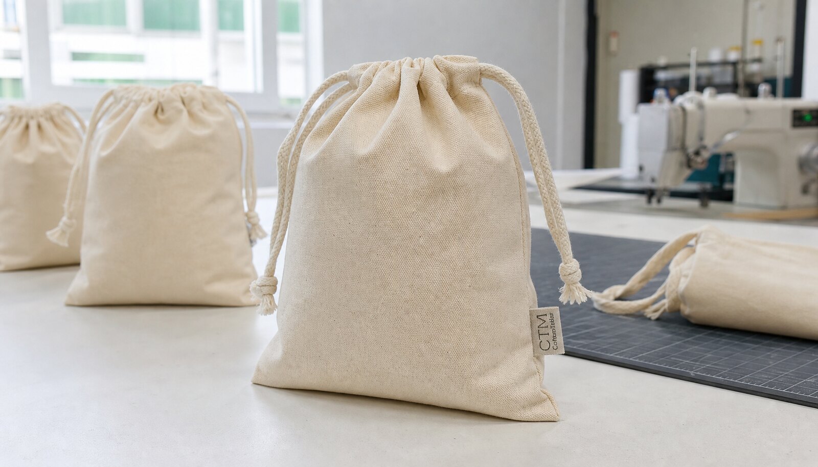 Cotton drawstring pouches with a stitched CTM side label displayed in a factory sample room