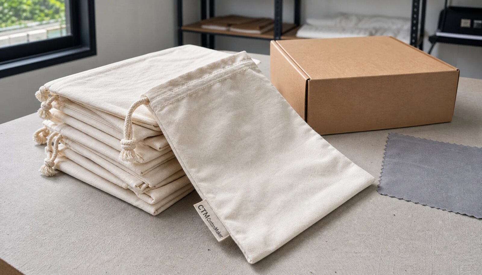 Photorealistic cotton drawstring pouches in a factory sample room with a CTM/CottonToMaker sample label