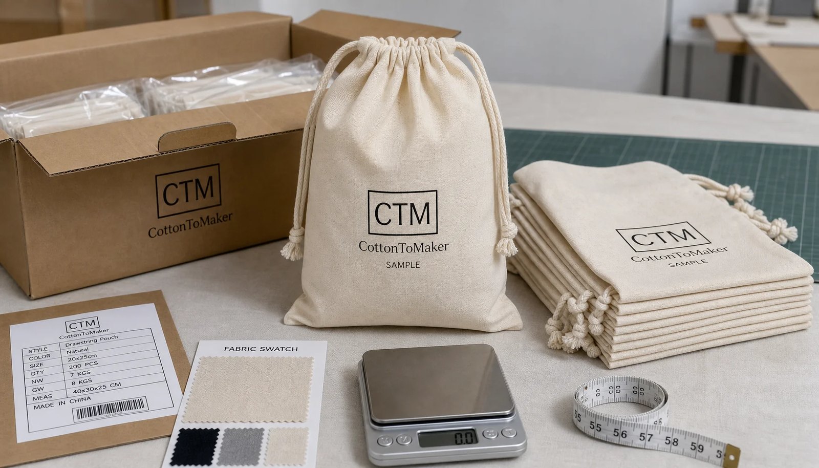 Natural cotton drawstring pouches with sample logo, folded packing samples, and export carton for university bookstore carton planning