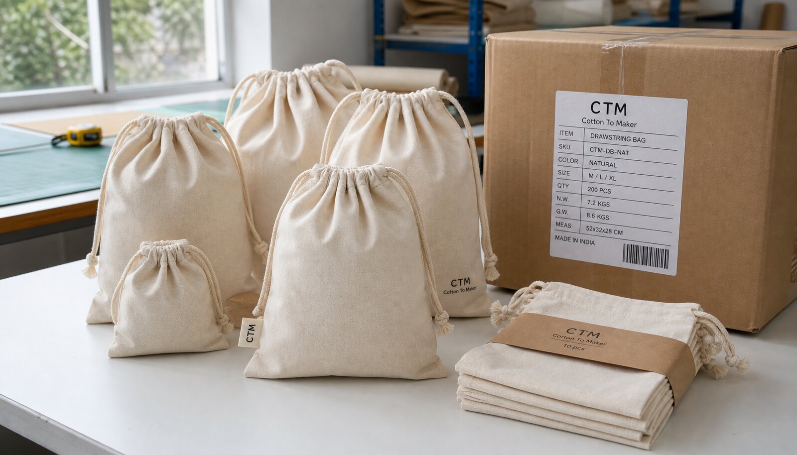 Cotton drawstring pouches bundled beside an export carton for corporate gifting packing review