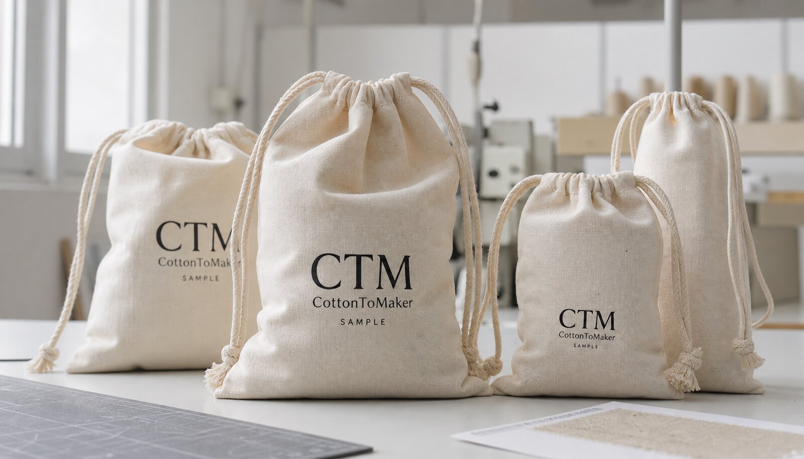 Natural cotton drawstring pouches with a simple CTM sample logo printed directly on the front in a clean factory sample room