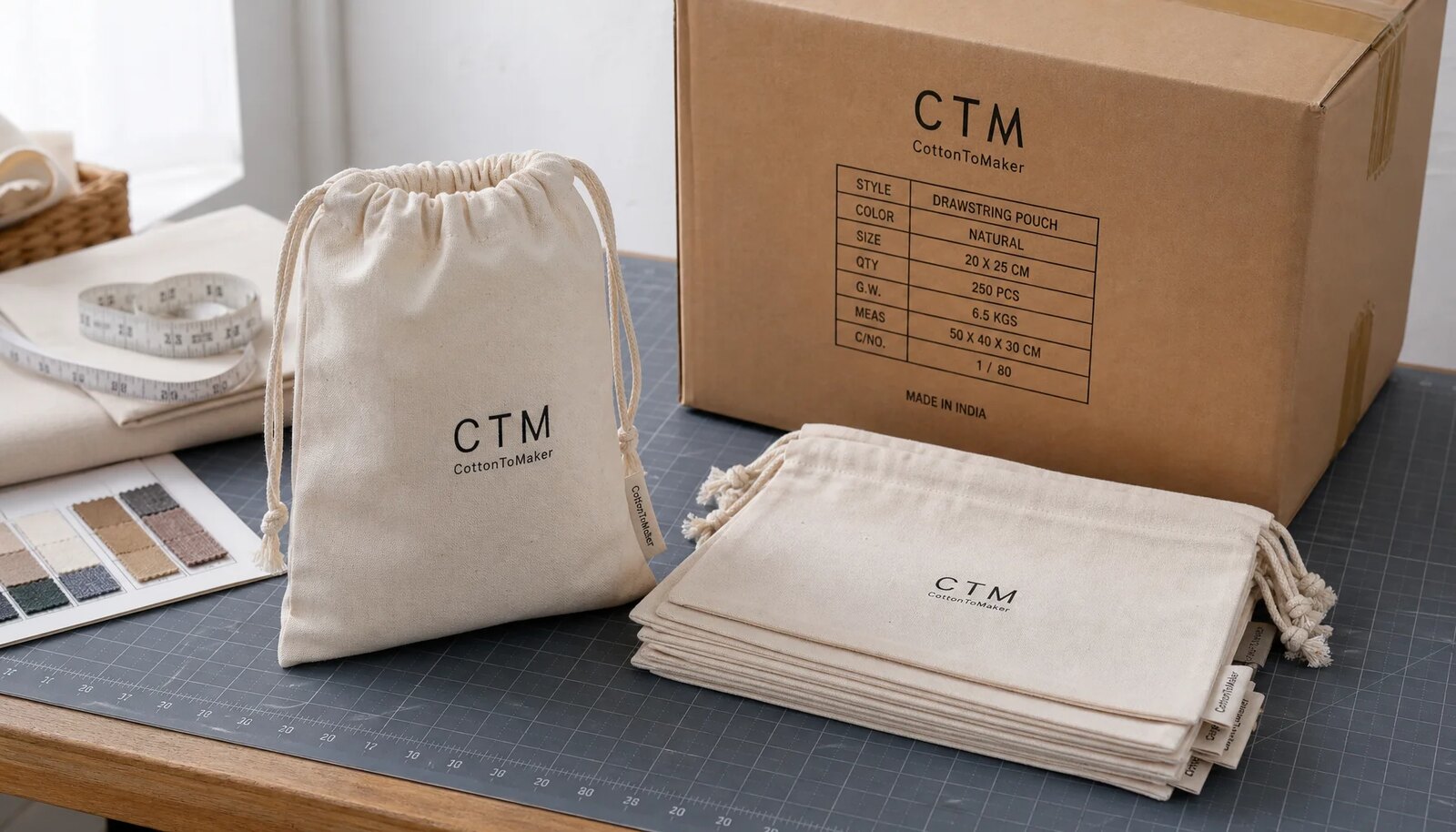 Natural cotton drawstring pouches with CTM sample logo arranged beside export carton for craft fair packing