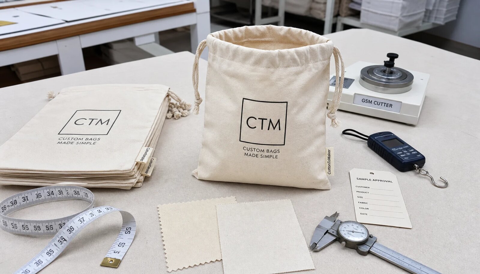 Natural cotton drawstring pouches with CTM sample logo, stitched seams, cotton cords, and factory sample room inspection tools