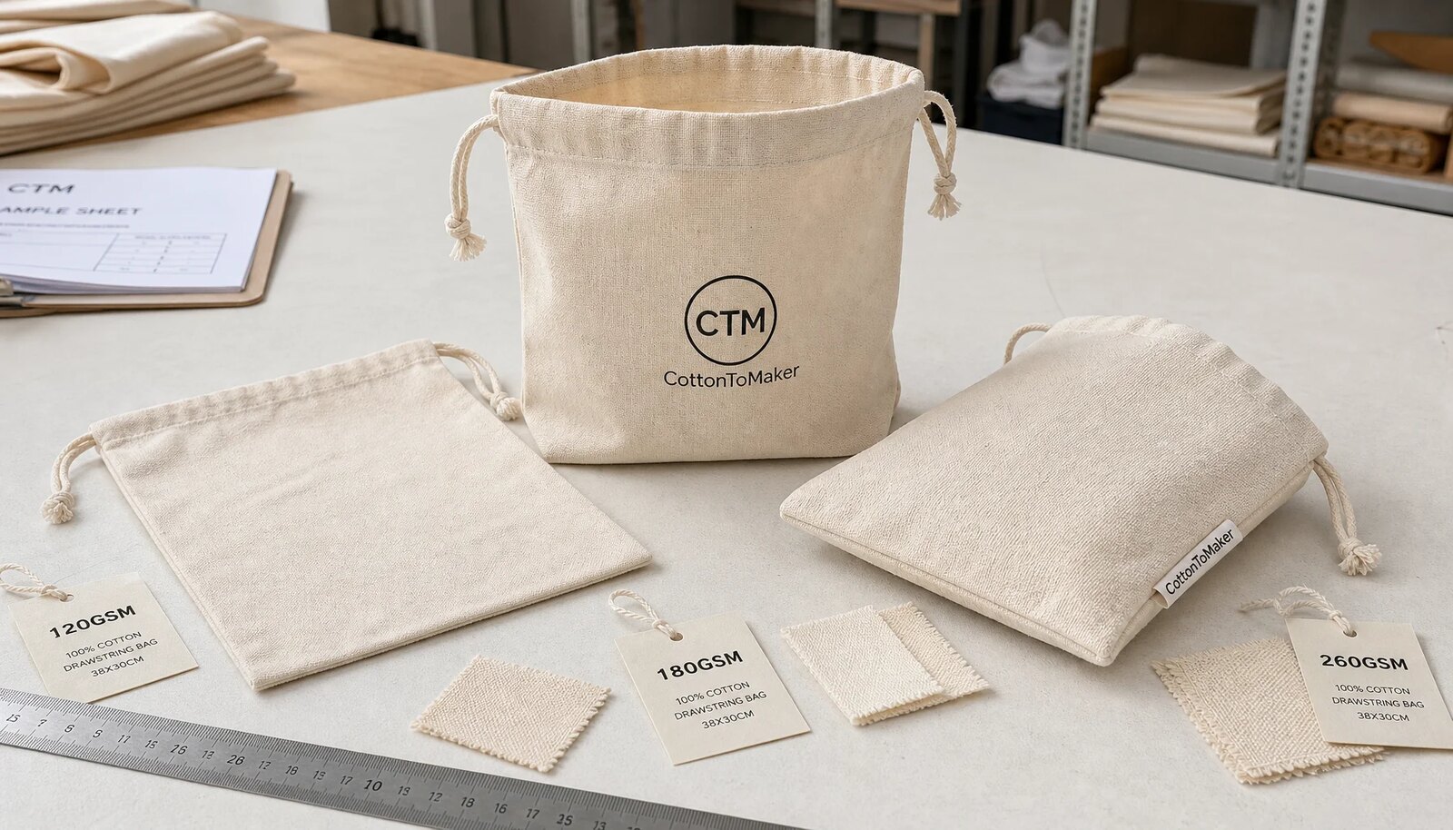 Natural cotton drawstring pouches with CTM logo, fabric swatches, drawcords, and sample tags for craft fair sourcing.