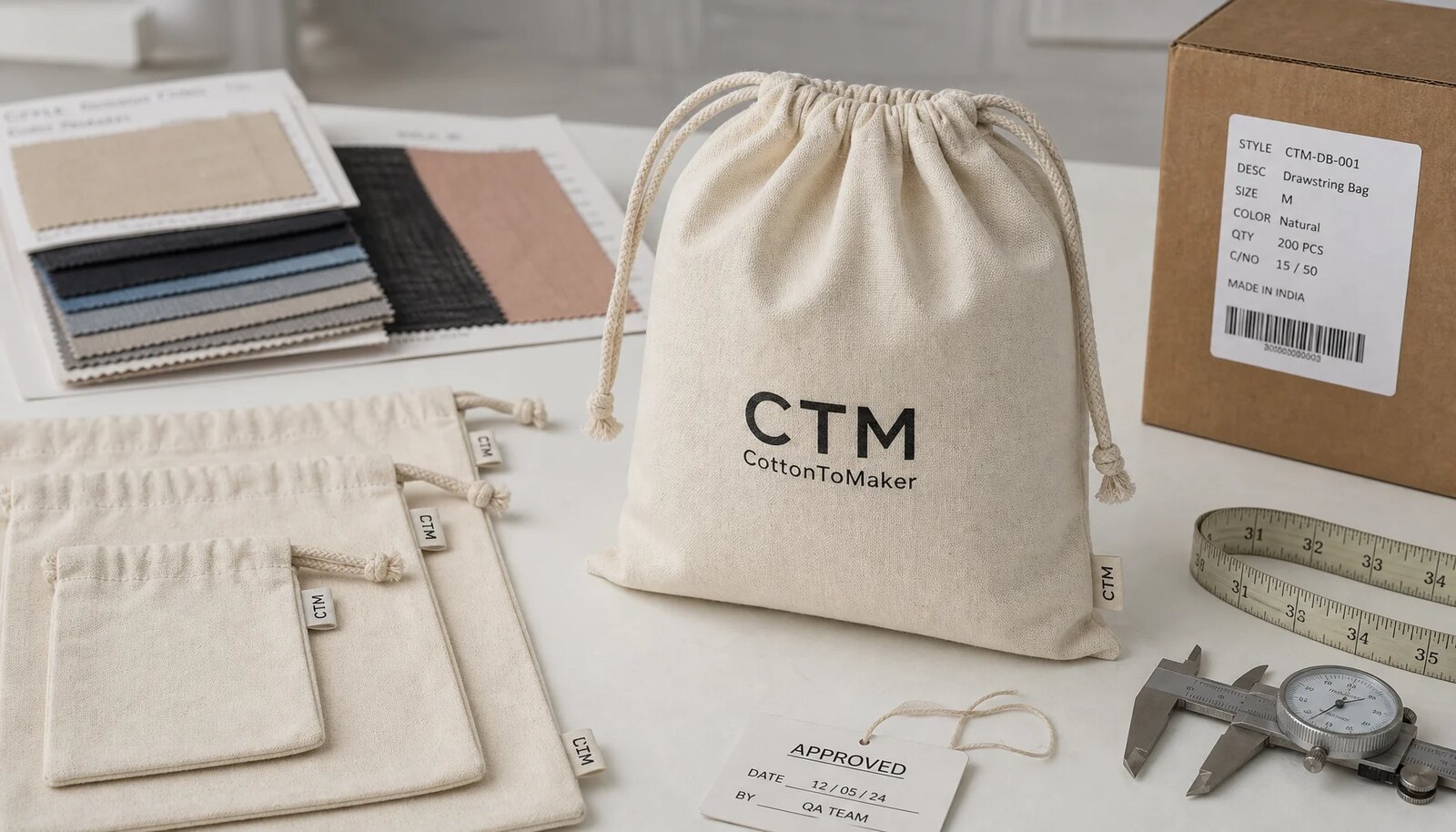 Natural cotton drawstring pouches with CTM CottonToMaker sample logo for craft fair lead time planning
