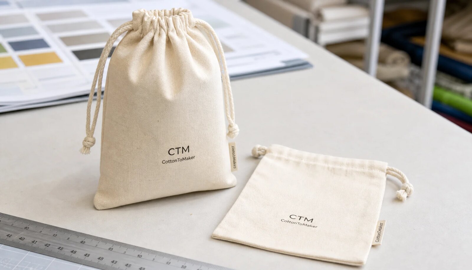 Natural cotton drawstring pouches with CTM logo printed on the front in a sample room
