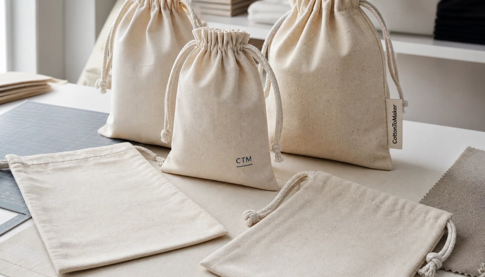 Natural cotton drawstring pouches with CTM sample logo and sewn CottonToMaker label in a factory sample room