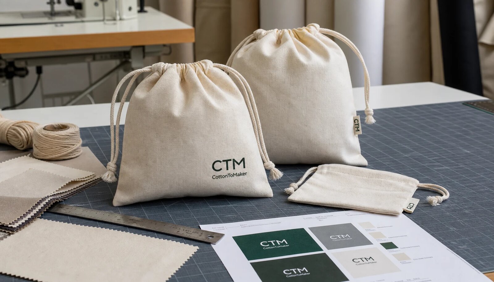 Natural cotton drawstring pouches with CTM sample logo in a factory sample room