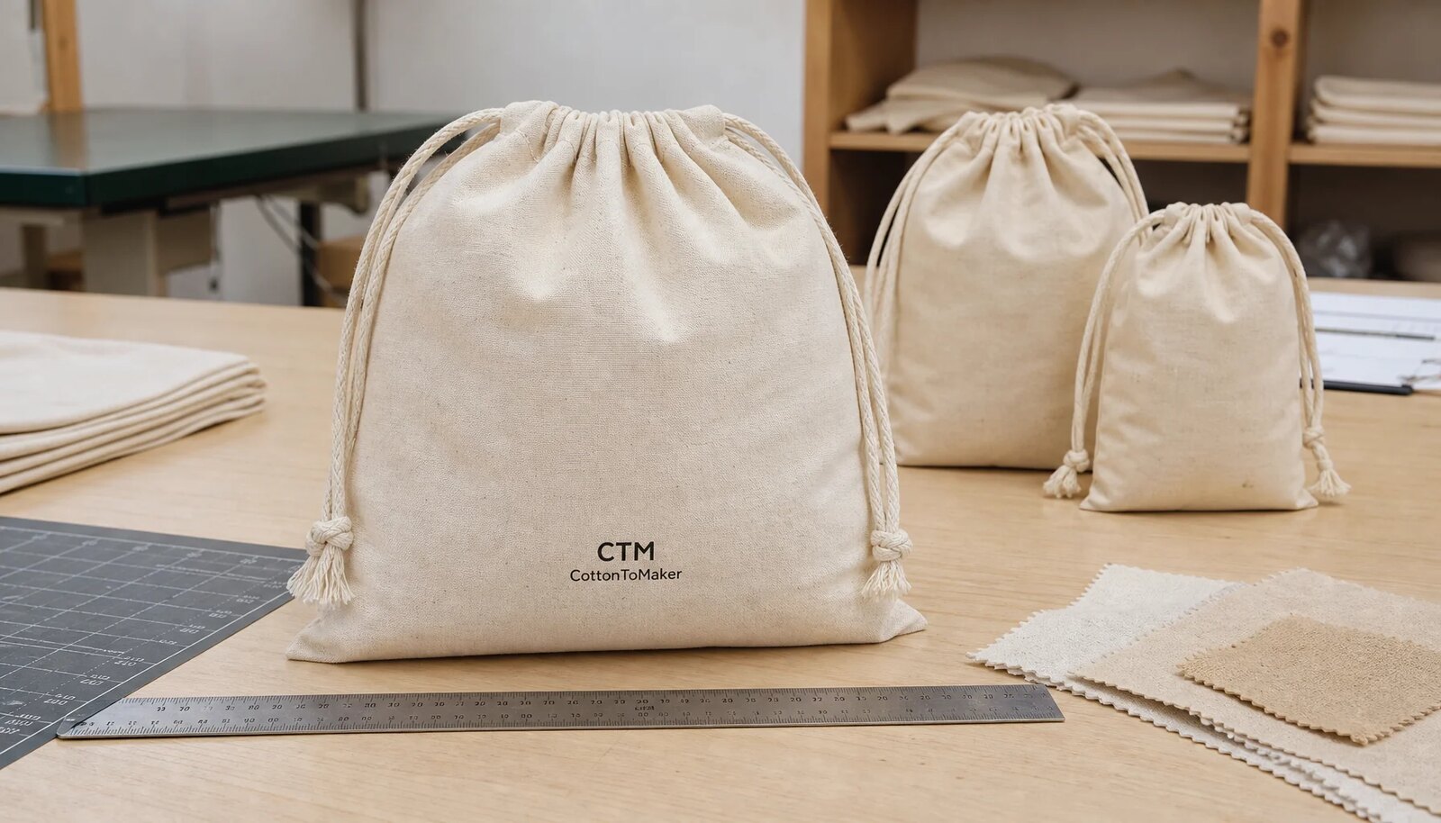 Natural cotton drawstring pouches with CottonToMaker sample logo, ruler, and fabric swatches on a factory table