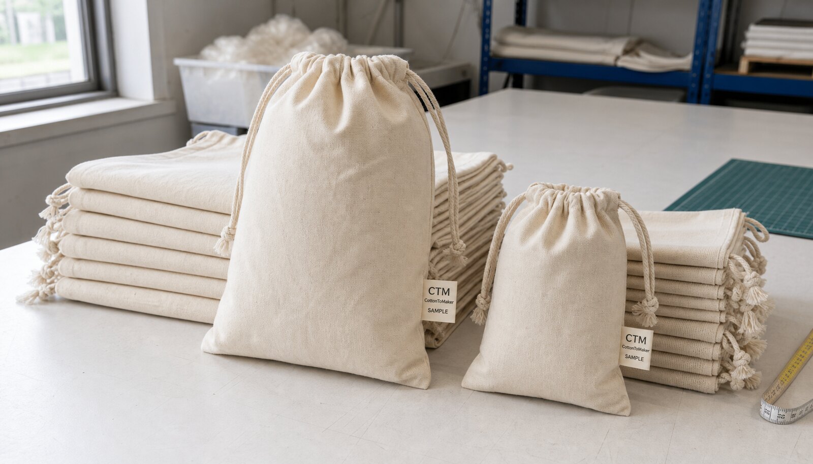 Cotton drawstring pouches with a small CTM sample label in a factory sample room