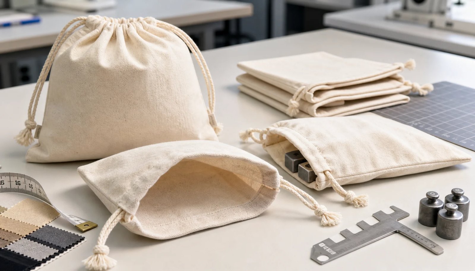 Natural cotton drawstring pouches set up for durability testing and inspection